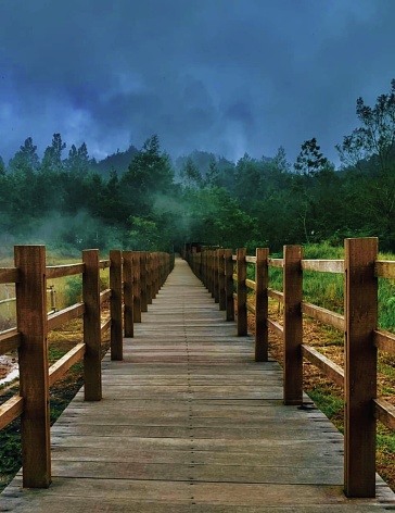 Wooden walkway (wooden bridge) with cloudy background.