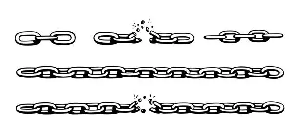 Vector illustration of Broken chain with shatters as symbol of strength and freedom. Sketch of metal chains. Vector illustration