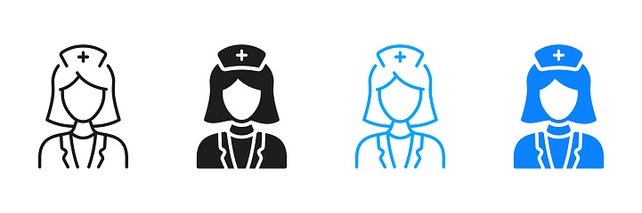Doctor Woman Silhouette and Line Icons Set. Physician Specialist, Orthodontist, Endodontist Pictogram Collection. Female Dentist Symbol. Dental Surgeon Sign. Isolated Vector Illustration.