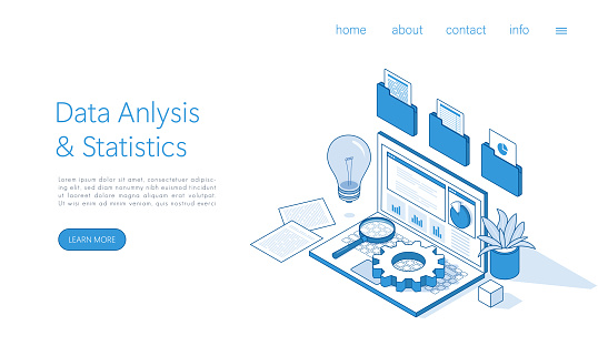 Landing page template Data Analysis, Business Statistic, Management, Consulting, Marketing Concept. Isometric vector.