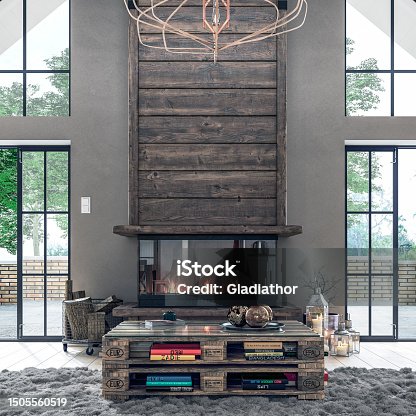 istock A front view of a Scandinavian-style attic living room with hardwood fireplace, pallet table and retro windows 1505560519