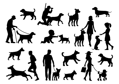 Set dog and people silhouette. Vector black flat icon isolated on white background.