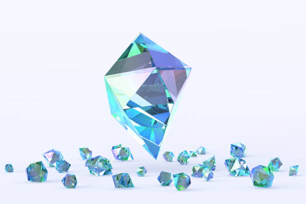 istock Precious large sapphire stone with scattering of small blue crystals on background 3d render. Realistic shiny topaz, spinel or aquamarine, mineral gems, jewel rocks, natural gemstones 1505561480