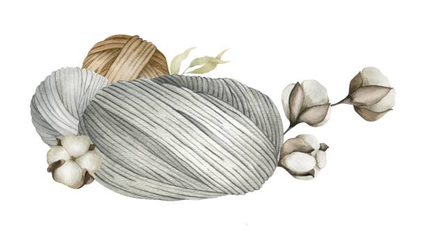 Gray and brown yarn balls and cotton flowers. Balls of wool, skeins of yarn. Cashmere. Watercolor illustration. Isolated. For product packaging design, knitter blog,needlework store Gray and brown yarn balls and cotton flowers. Balls of wool, skeins of yarn. Cashmere. Watercolor illustration. Isolated. For product packaging design, knitter blog,needlework store sewing thread rolled up creation stock illustrations