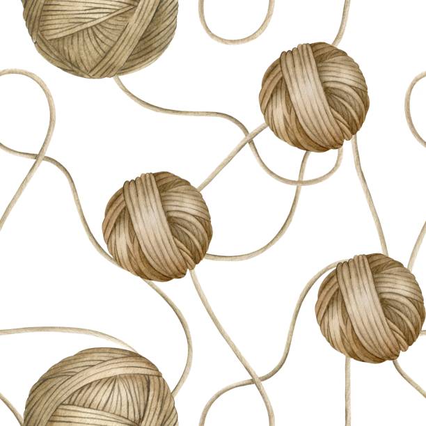 Brown yarn balls. Skein of yarn for knitting. Watercolor seamless pattern on white background. For fabric, packaging paper, scrapbooking, product packaging design, yarn or wool shop. Brown yarn balls. Skein of yarn for knitting. Watercolor seamless pattern on white background. For fabric, packaging paper, scrapbooking, product packaging design, yarn or wool shop. sewing thread rolled up creation stock illustrations