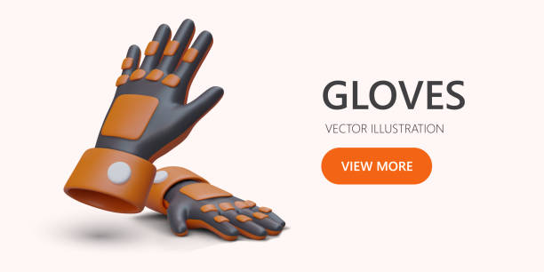 illustrazioni stock, clip art, cartoni animati e icone di tendenza di guanti da lavoro protettivi in gomma. illustrazione 3d su banner orizzontale - guanto indumento protettivo