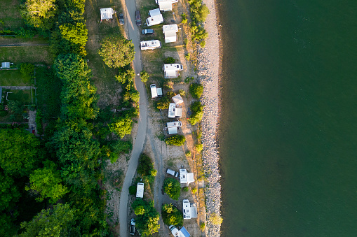 Riverbank and campsite - aerial view