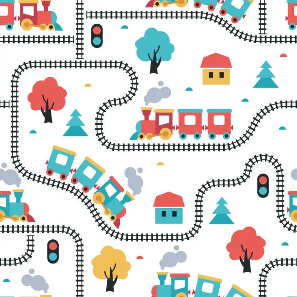 Vector illustration of Colorful seamless pattern with cartoon train, steam locomotive, railway in flat style. Endless texture for fabric, clothes, background, textile, wallpaper. Vector color illustration.