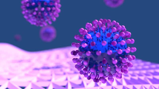 Virus model made from polygons. Virus model floating in bright colours. Walk slowly through it. Coronavirus.
