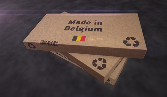 Made in Belgium box production line. Manufacturing and delivery. Product factory, import and export. Abstract concept 3d rendering illustration.