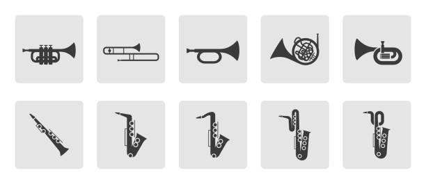金管楽器のアイコンセット。トランペット、トロンボーン、チューバ、ラッパ、サックス、フレンチホルンシルエット記号アイコンシンボルピクトグラムベクターイラスト - jazz music trumpet valve点のイラスト素材／クリップアート素材／マンガ素材／アイコン素材