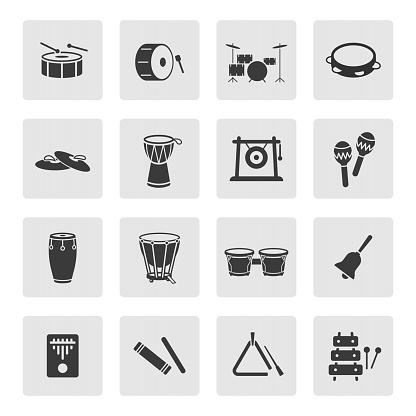 Percussion instruments icon set. Drum, cymbals, maracas, bongo, conga, xylophone, timpani, tambourine, gong silhouette sign icon symbol pictogram vector illustration