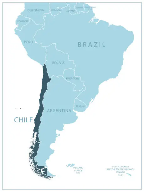 Vector illustration of Chile - blue map with neighboring countries and names.