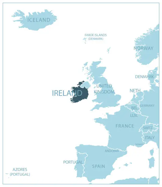 Vector illustration of Ireland - blue map with neighboring countries and names.