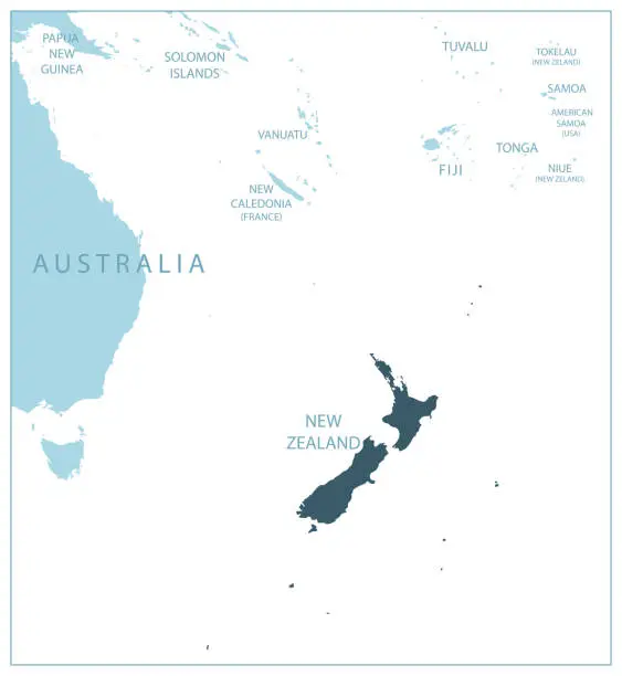 Vector illustration of New Zealand - blue map with neighboring countries and names.