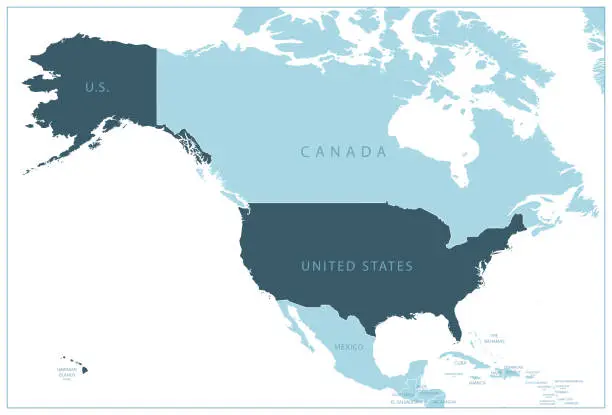 Vector illustration of United States of America - blue map with neighboring countries and names.