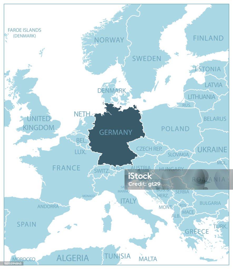 Deutschland Und Die Nachbarländer Karte Deutschland Blaue Karte Mit Nachbarländern Und Namen Stock Vektor Art