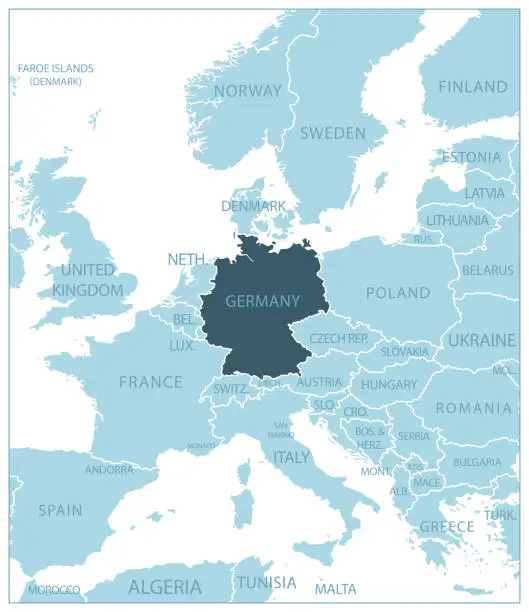 Vector illustration of Germany - blue map with neighboring countries and names.