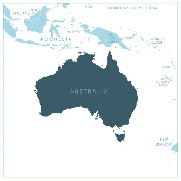 Vector illustration of Australia - blue map with neighboring countries and names.