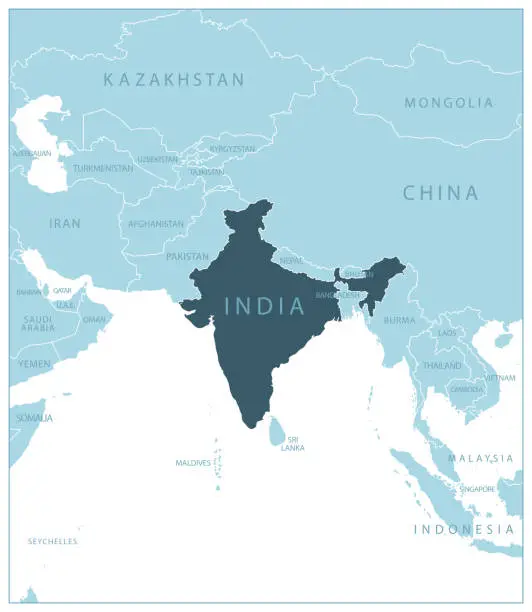 Vector illustration of India - blue map with neighboring countries and names.
