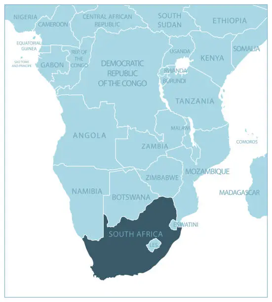 Vector illustration of South Africa - blue map with neighboring countries and names.