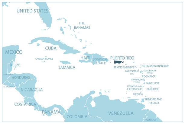 ilustrações de stock, clip art, desenhos animados e ícones de puerto rico - blue map with neighboring countries and names. - puerto rico map vector road