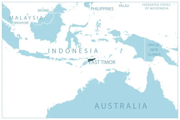 Vector illustration of East Timor - blue map with neighboring countries and names.