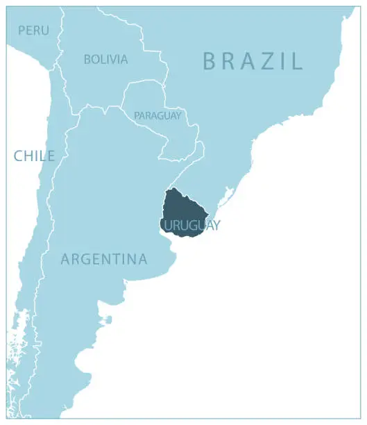 Vector illustration of Uruguay - blue map with neighboring countries and names.