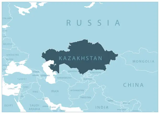 Vector illustration of Kazakhstan - blue map with neighboring countries and names.