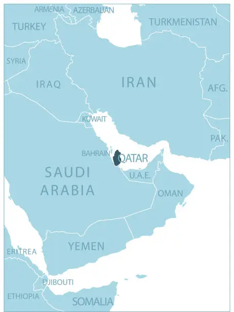 Vector illustration of Qatar - blue map with neighboring countries and names.