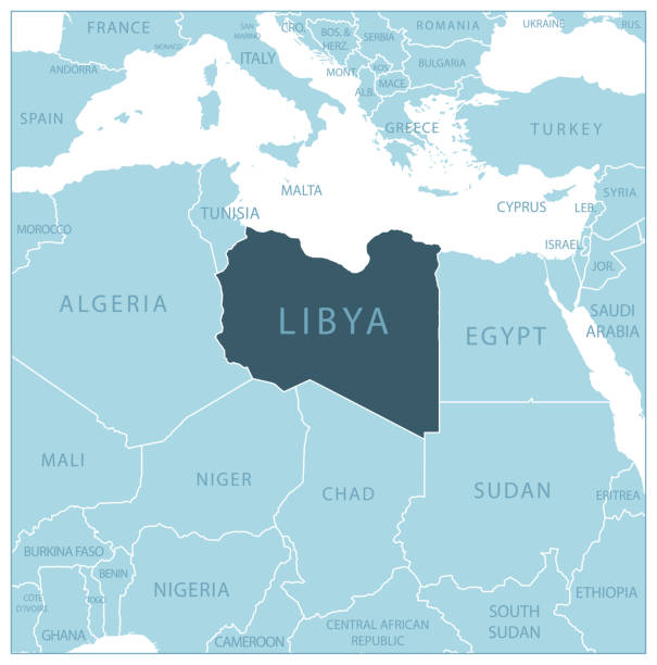리비아 - 이웃 국가와 이름이 있는 파란색 지도. - tripoli stock illustrations