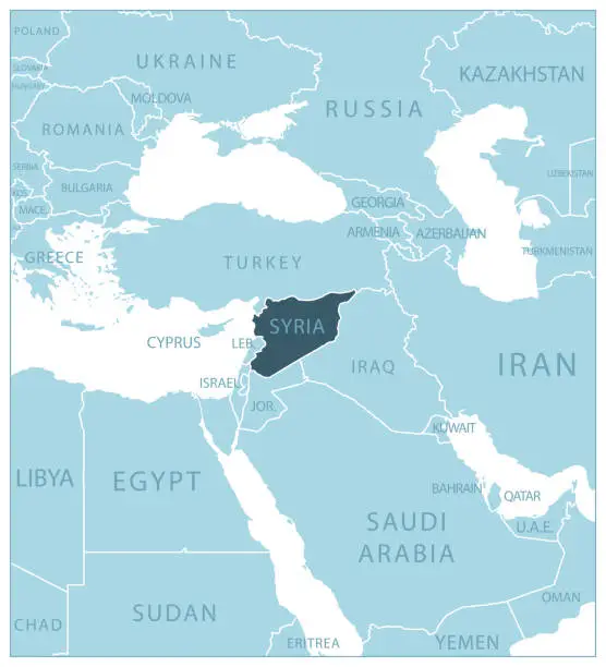 Vector illustration of Syria - blue map with neighboring countries and names.