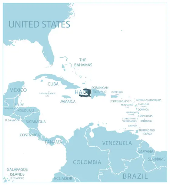 Vector illustration of Haiti - blue map with neighboring countries and names.