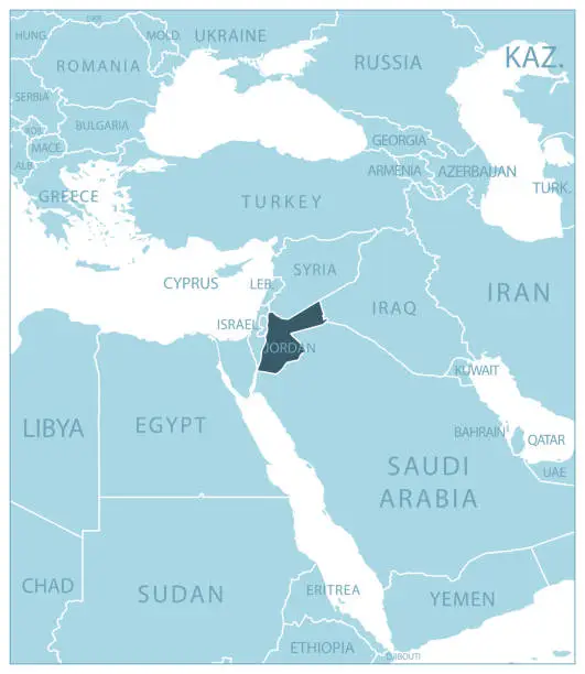 Vector illustration of Jordan - blue map with neighboring countries and names.