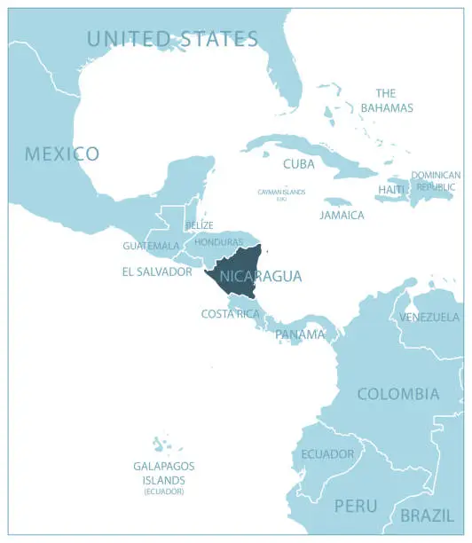 Vector illustration of Nicaragua - blue map with neighboring countries and names.