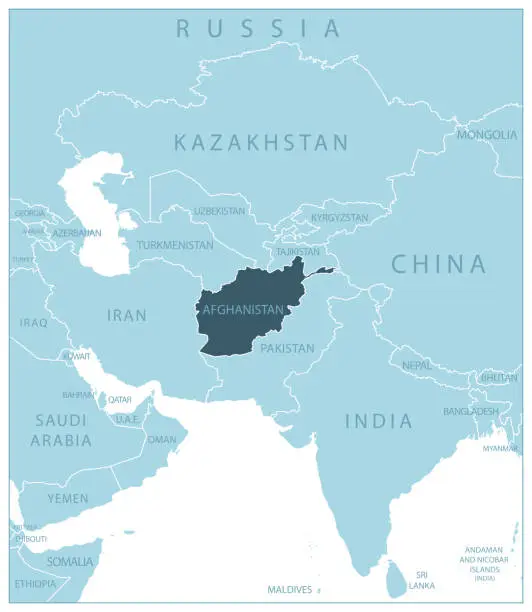 Vector illustration of Afghanistan - blue map with neighboring countries and names.