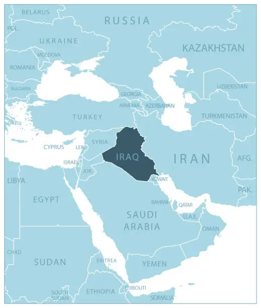 Vector illustration of Iraq - blue map with neighboring countries and names.