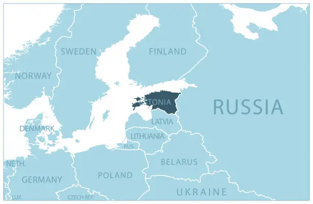 Vector illustration of Estonia - blue map with neighboring countries and names.