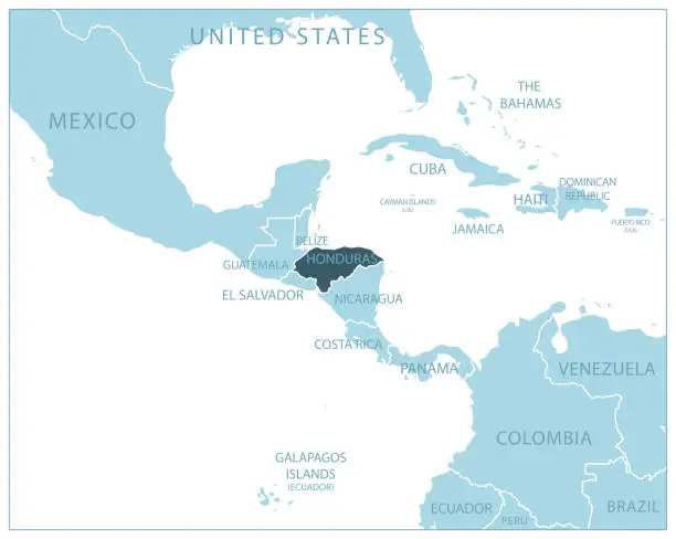 Vector illustration of Honduras - blue map with neighboring countries and names.