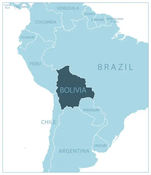 Vector illustration of Bolivia - blue map with neighboring countries and names.
