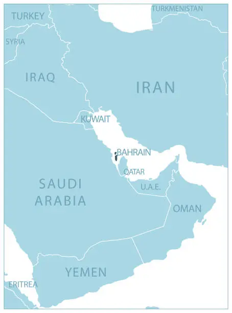 Vector illustration of Bahrain - blue map with neighboring countries and names.