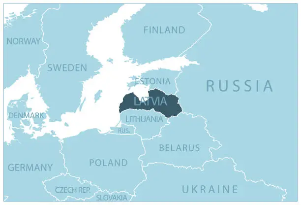 Vector illustration of Latvia - blue map with neighboring countries and names.