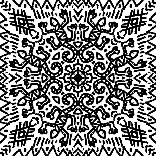 Vector illustration of African ethnic tribal seamless pattern with lizard on black and white.