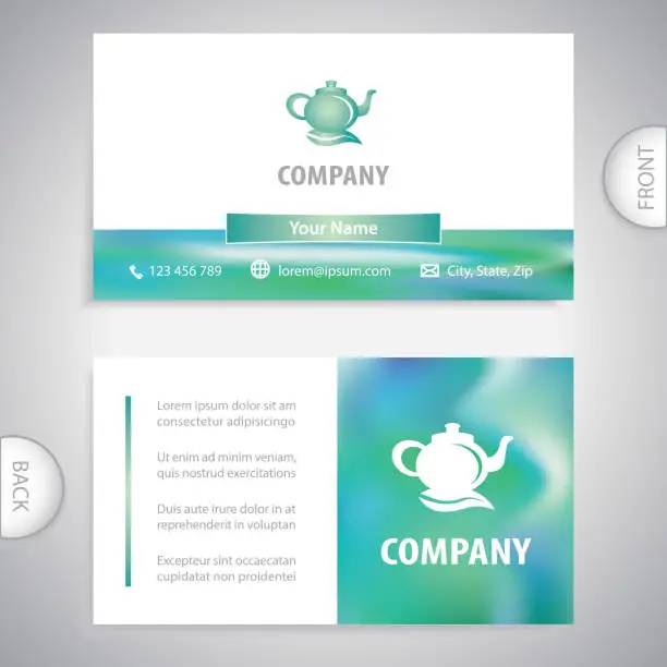 Vector illustration of Business card template. Teapot with tea leaf. Concept for teahouses and restaurants.