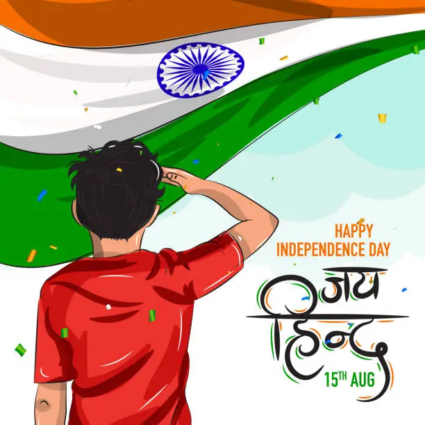 Vector illustration of Happy Independence Day of india. boy saluting to indian flag. jai hind written in hindi language