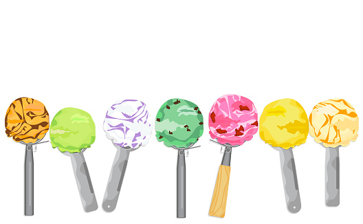 Vector set of ice cream scoops in various colors In a waffle cone with coffee blueberry lemon Chocolate Mint, Strawberry, Mango, and Thai Tea with Ice Cream Scoop Isolated illustration.