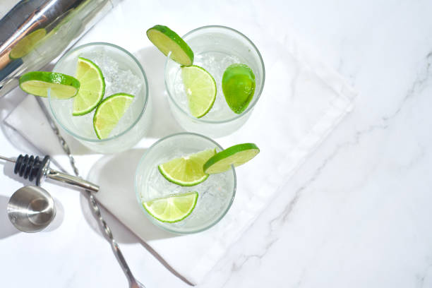 istock Alcoholic drink gin tonic cocktail with lemon ice, top view. 1505616632