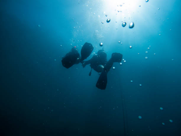 istock Diver silhouette and bubbles scuba diving in deep water. 1505620020