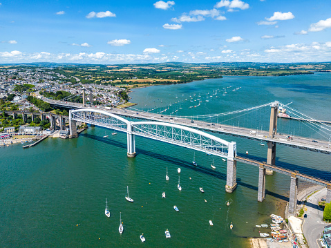 Aerial view of the Royal Albert and Tamar Bridges lining Devon and Cornwall