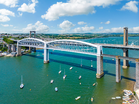 Aerial view of the Royal Albert and Tamar Bridges lining Devon and Cornwall, designed by Isambard Kingdom Brunel.
